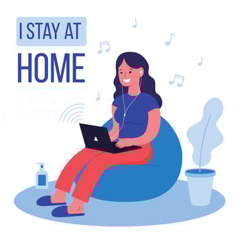 woman listening to music on laptop in quarantine illustration vector