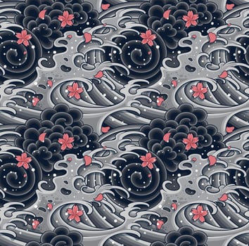 Japanese wave with sakura seamless pattern for textile, background, garments or wallpaper vector