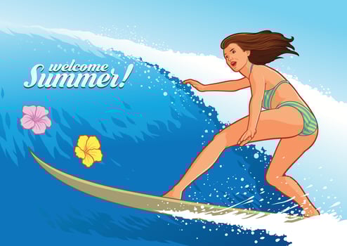 Sexy surfing girl in hawaiian beach vector