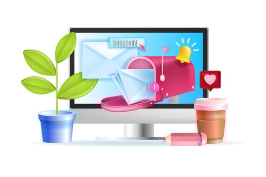 Email service, newsletter subscription vector web concept, computer screen, mailbox, envelopes, letters. SMM business, internet mail marketing, digital network design. Email service 3D illustration
