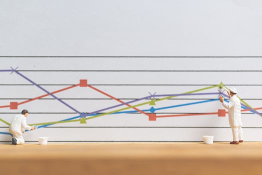 Miniature worker painting business graphs on a white background, business growth concept photo