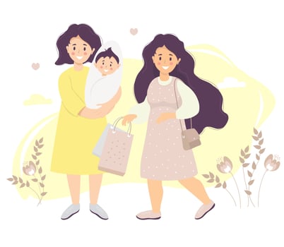 Motherhood. Mom in a dress holds a newborn son in her arms. Next to her is a girl with long hair and packages in her hands against a background of plants. Vector illustration. Happy female lgbt family