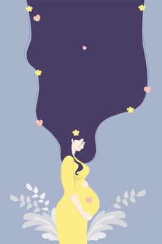 Motherhood. Happy pregnant woman in a yellow dress, tenderly hugging her belly with her hands, on a background with a decor of plants and flowers. Vector illustration. Vertical banner, greeting card