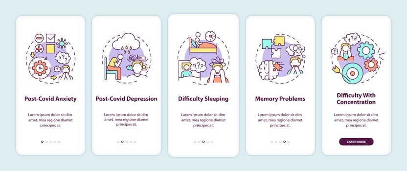 Post-covid syndrome and mental health onboarding mobile app page screen with concepts vector