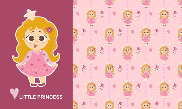 Little princess character and seamless pattern. Cute Girl with her tongue hanging out and long hair, unicorn toy, flowers and a heart on a pink background. Vector. Kids collection for design, textile vector
