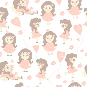 Seamless patterns. A cute girl walks, lies, rejoices on a white background with flowers and a balloon with the inscription - little princess. Vector. kids collection in the Pastel Scandinavian style vector