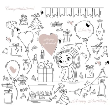 birthday doodle set. woman balloons boxes. Sweet cute girl and gifts, boxes and balloons, sweets and cakes, cosmetics and cocktails. outline isolated on white background. Vector illustration