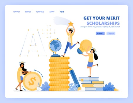 students catch stars on a pile of money to illustrate educational scholarships and reach future dreams. Can be use for landing page template ui ux web mobile app poster banner website flyer ads vector