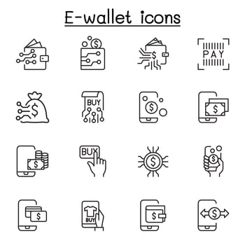 E-wallet, digital money, mobile banking icon set in thin line style vector
