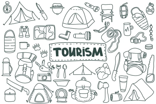 Doodle style tourism set. Hand drawn vector camping clip art set. Isolated on white background drawing for prints, poster, cute stationery, travel design. Nature, forest recreation, sport.