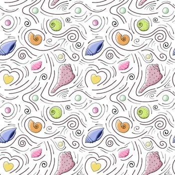 Seashells vector seamless pattern in cartoon style. Purple, pink, orange seashells, yellow hearts, red and yellow spheres and black doodle lines