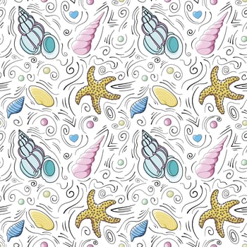 Seashells vector seamless pattern in cartoon style. Yellow starfish, blue, pink, yellow seashells, hearts, spheres and black doodle lines