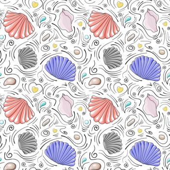 Seashells vector seamless pattern in cartoon style. Gray and red semicircular seashells, pale pink seashells, sea stones, drops and black doodle lines