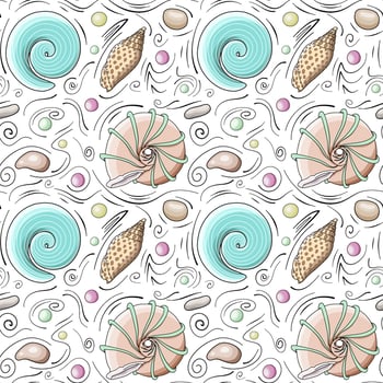 Seashells vector seamless pattern in cartoon style. Beige and blue seashells, sea stones, multicolored spheres and black doodle lines