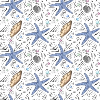 Seashells vector seamless pattern in cartoon style. Blue starfish, light brown and gray seashells, sea stones, sea drops and black doodle lines