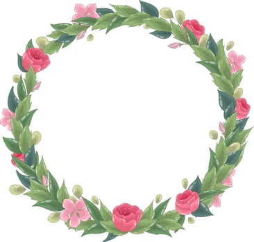 Vector floral wreath. Ornate leaf frame with roses and pink flowers.