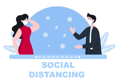 People Who Wear Masks and Maintain a Minimum Social Distancing of 1 Meter to Prevent Coronavirus Disease, Vector Illustration