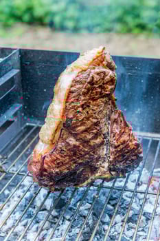 Whole T-Bone steak cooking on grill photo