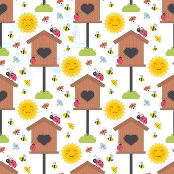 Easter spring seamless pattern with cute birdhouses animals, birds, bees, butterflies. vector