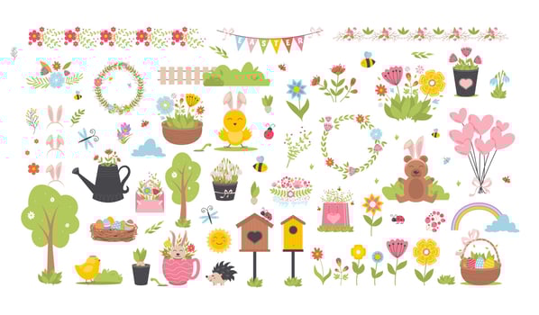 Easter spring set with cute animals, birds, bees, butterflies. vector