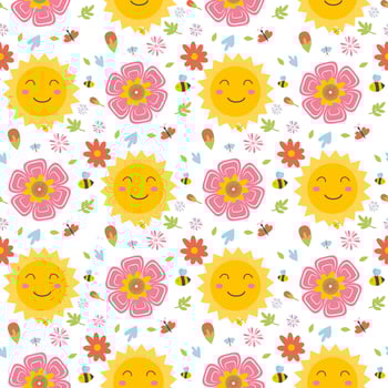 Easter spring seamless pattern with cute animals, birds, bees, butterflies. vector