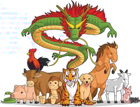 All 12 Chinese Zodiac Animals Together Cartoon Illustration Drawing vector
