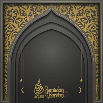 Ramadan Kareem greeting card islamic floral pattern vector design with arabic calligraphy for background, banner. Translation of text Ramadan Kareem - May Generosity Bless you during the holy month