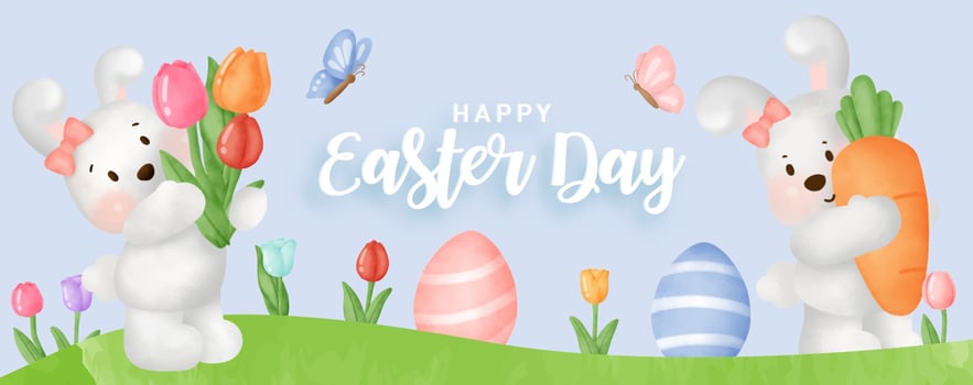 Easter day banner with  cute rabbiits and easter eggs. vector