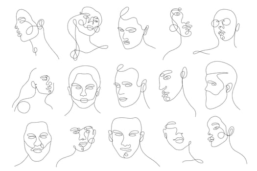 Set linear woman and man portraits. Continuous linear silhouette of female face. Outline hand drawn of avatars girls. Linear glamour logo in minimal style for beauty salon, makeup artist, stylist vector