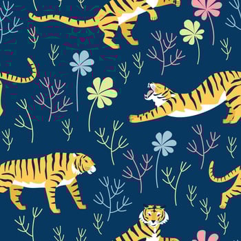 Seamless pattern with tiger poses. Striped tiger on a background of plants with grass and leaves vector