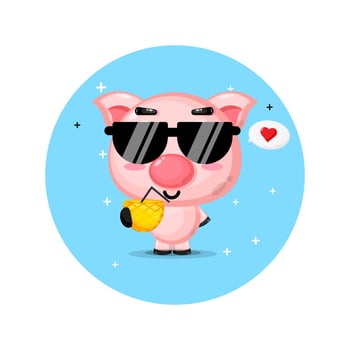 Cute pig brings pineapple juice vector