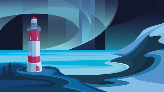 Seascape with lighthouse. Beautiful landscape with northern lights. vector