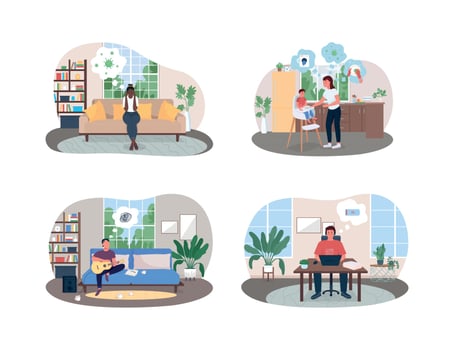 Isolation stress and anxiety 2D vector web banner, poster set