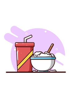 rice in bowl and drink bottle cartoon illustration vector