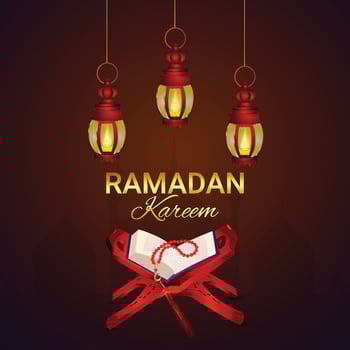 Ramadan kareem creative islamic festival with holy book kuran and arabic lantern vector