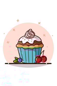 A cupcake with cream, cherry and blueberry vector