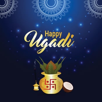 Happy ugadi celebration greeting card with realistic golden kalash vector