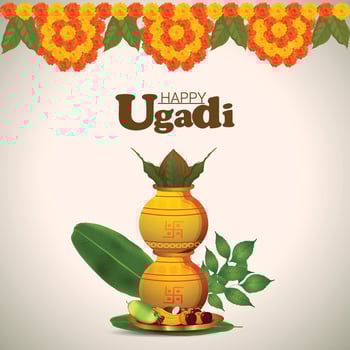 Creative traditional kalash with garland flower of happy ugadi vector