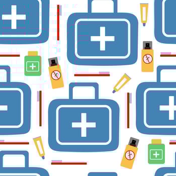 Travel first aid kit and essentials seamless pattern, medical bag, vector illustration in flat style.