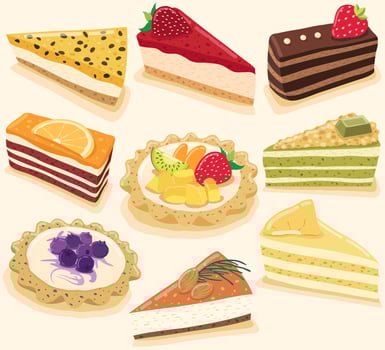 Collection of delicious desserts isolated on yellow pastel background vector