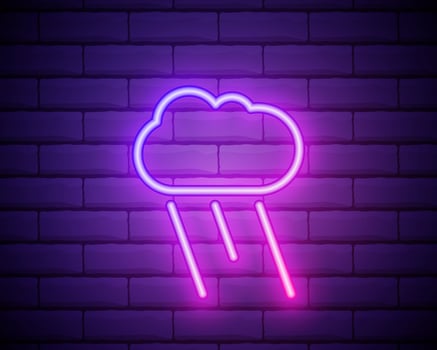 Glowing neon rainy weather icon on dark brick wall background. Rain symbol with cloud in neon style to weather forecast in mobile application. Vector illustration.
