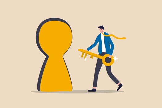 Key to success, unlock secret door to growing business, opportunity for career path or goal achievement concept, confidence businessman holding golden key and running to unlock keyhole to reach target vector