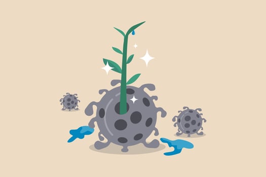 Post COVID-19 pandemic economic recovery, positive business growing after Coronavirus crash and economic recession concept, green sprout plant successfully growing from dead coronavirus pathogen. vector