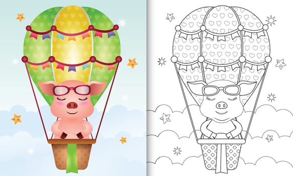 coloring book for kids with a cute pig on hot air balloon vector