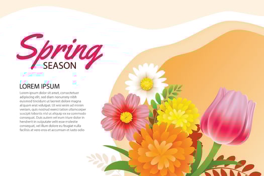 Hello spring greeting card and invitation with blooming flowers background template. Design for decor, flyers, posters, brochure, banner. vector