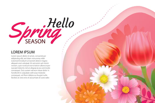 Hello spring greeting card and invitation with blooming flowers background template. Design for decor, flyers, posters, brochure, banner. vector
