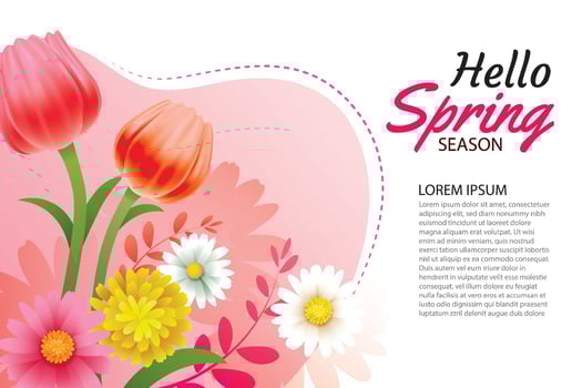 Hello spring greeting card and invitation with blooming flowers background template. Design for decor, flyers, posters, brochure, banner. vector