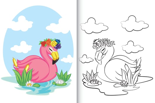 Flamingo swimming on the lake for coloring book, coloring page. vector