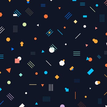 Abstract different geometric shapes pattern circles, triangles, lines, squares, hexagons bright and colorful color on dark background. vector