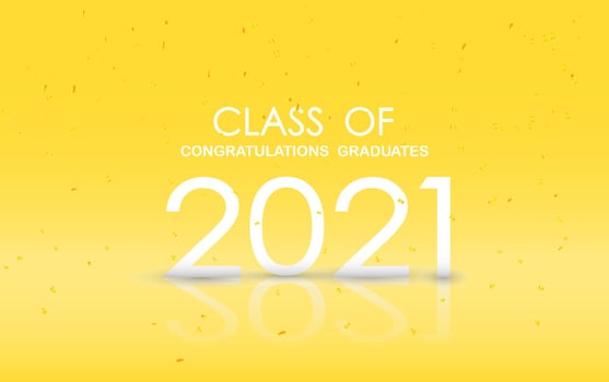 Class of 2021. Graduation banner with white numbers, graduate academic cap, Concept for graduation design. Congratulation card with lettering text. Vector. vector